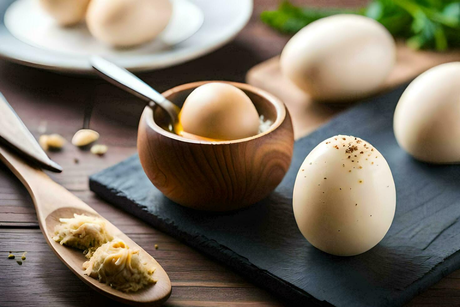 eggs on a wooden table with a spoon and a bowl. AI-Generated photo