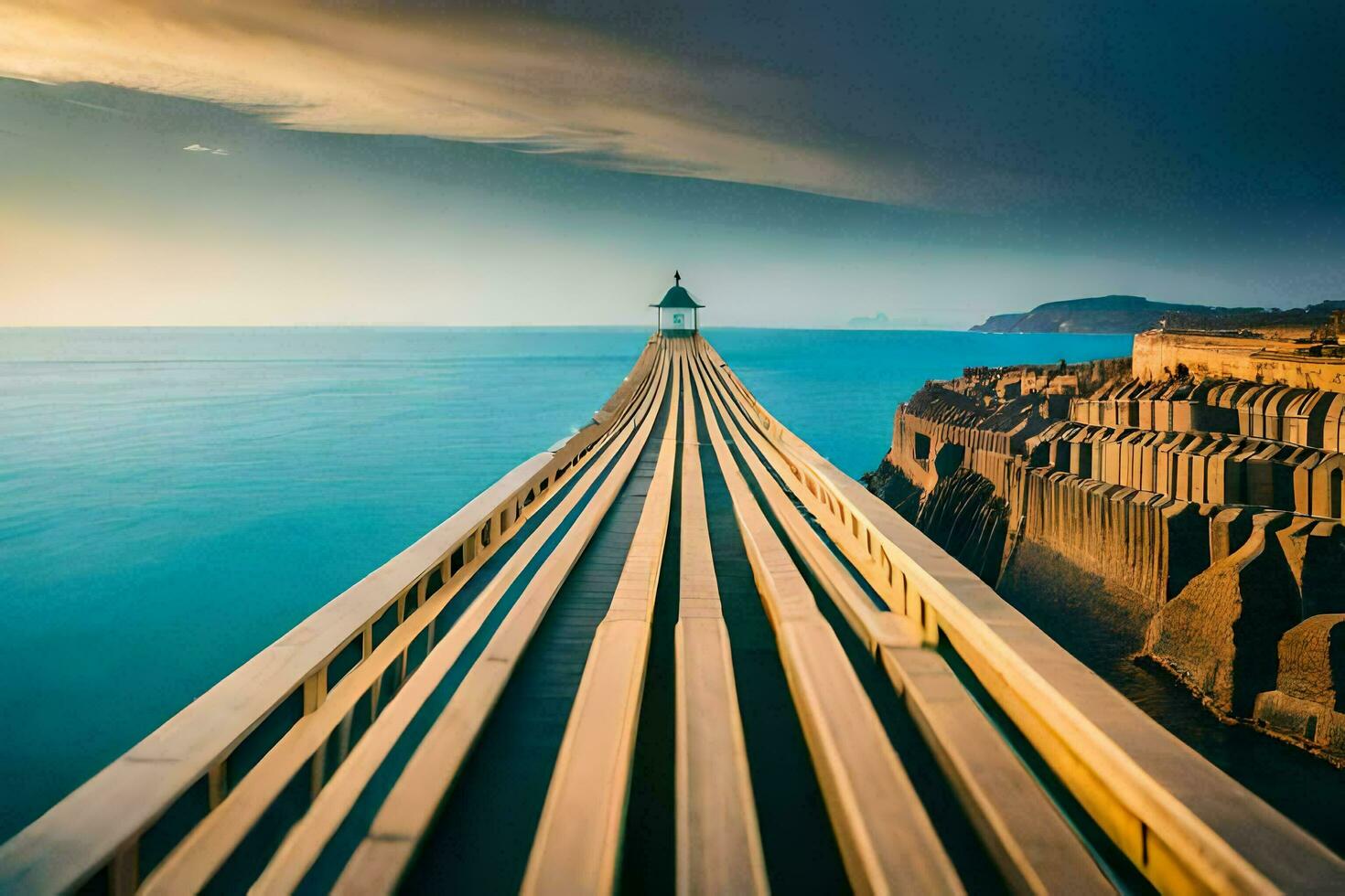 a long pier with a lighthouse in the distance. AI-Generated photo