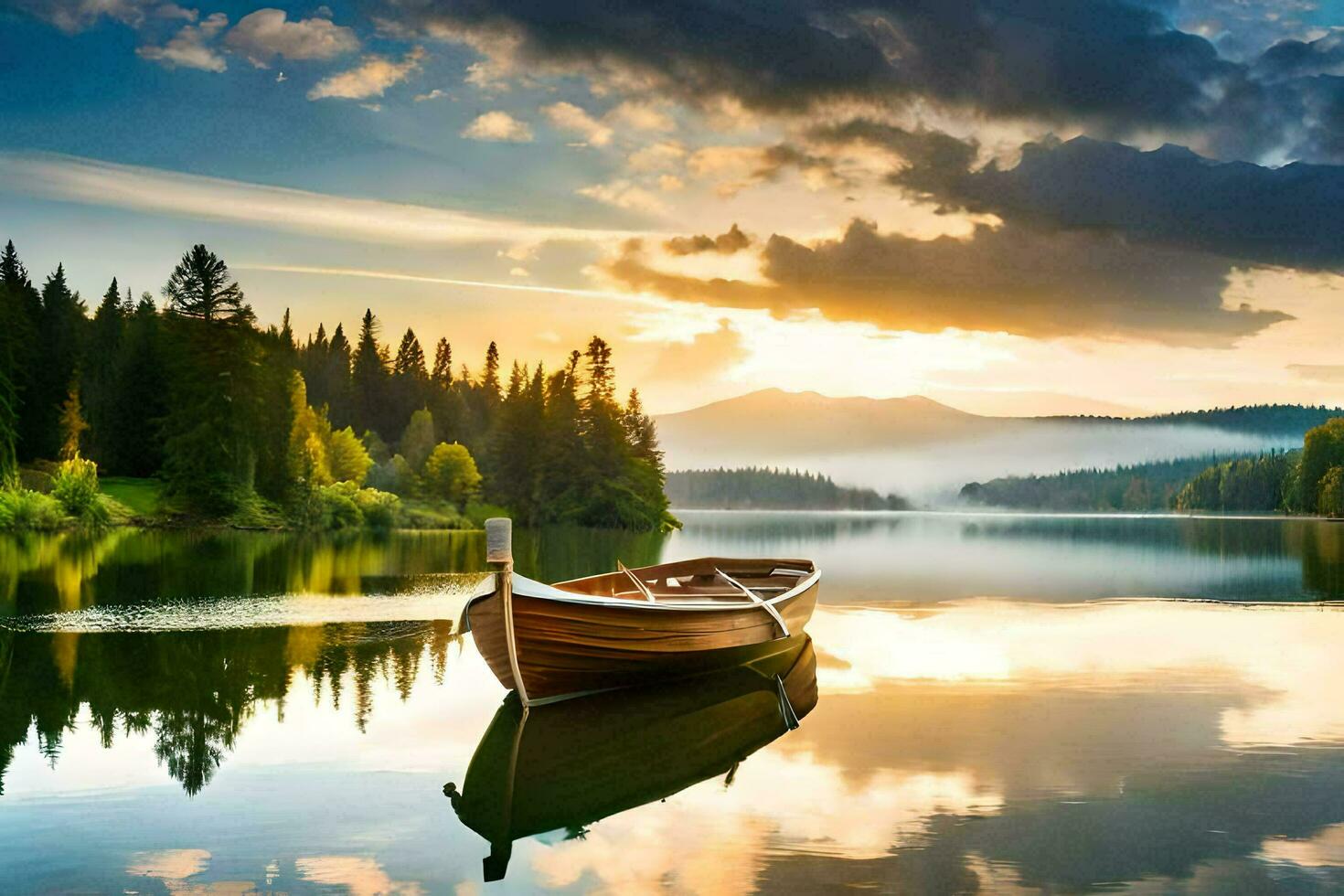 a boat on a lake at sunset. AI-Generated photo