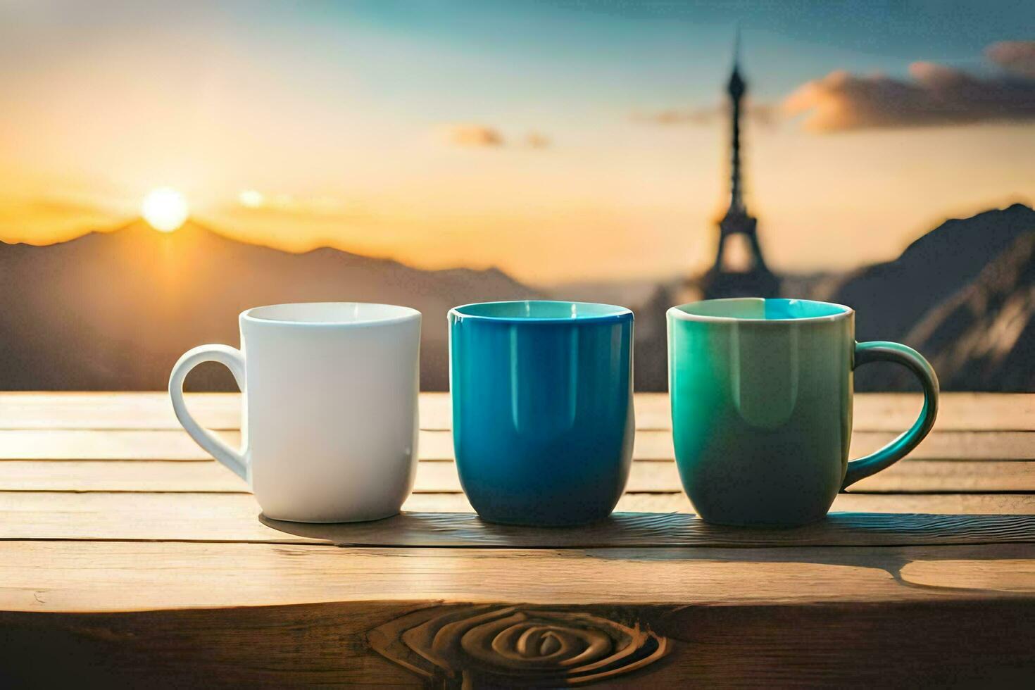 Tres café tazas en un de madera mesa con el eiffel torre en el antecedentes. generado por ai foto