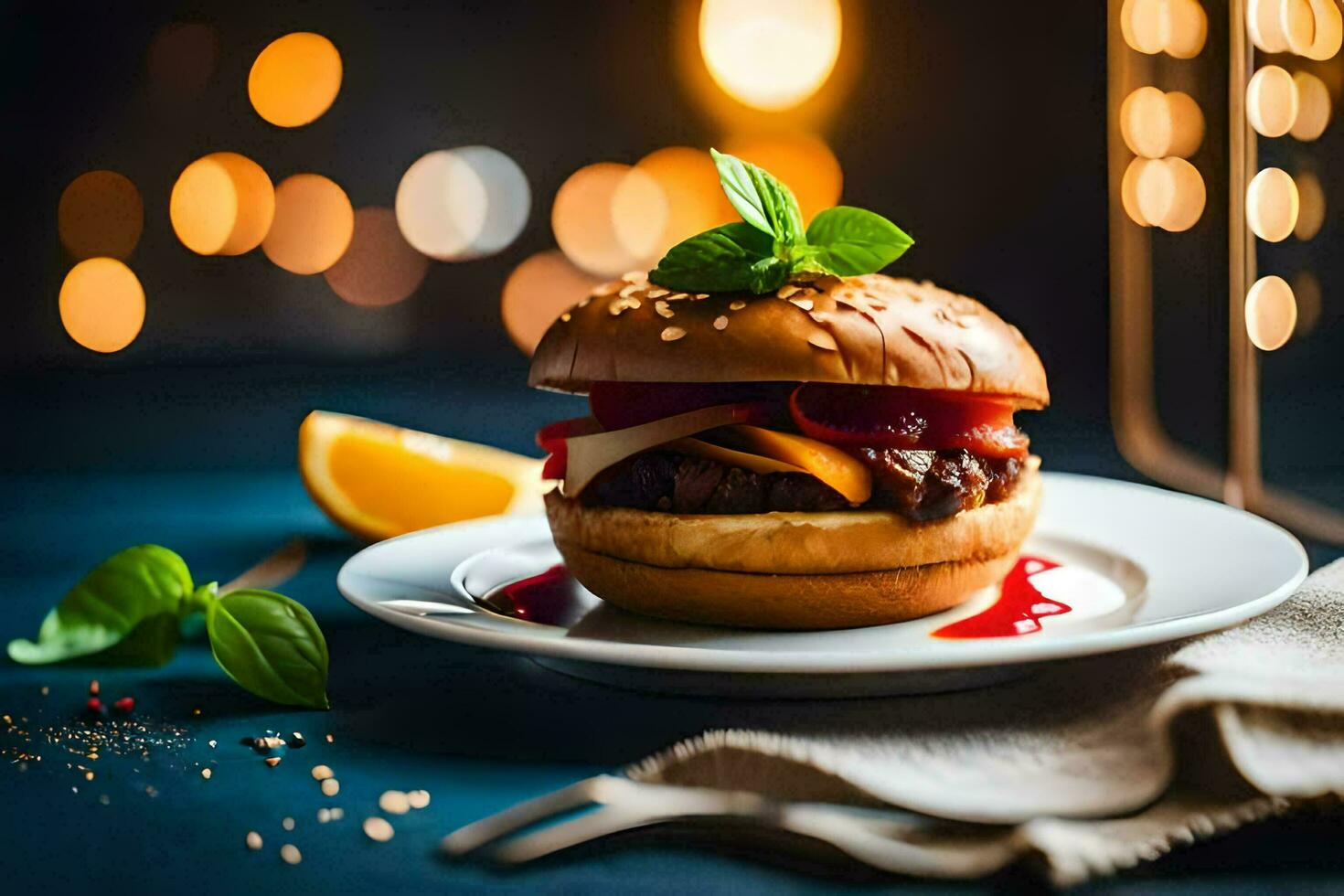 a hamburger with cheese and tomato on a plate. AI-Generated photo