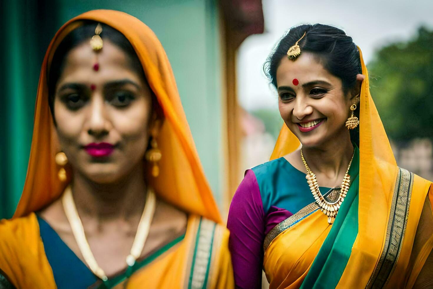 two women in colorful saris smiling. AI-Generated photo