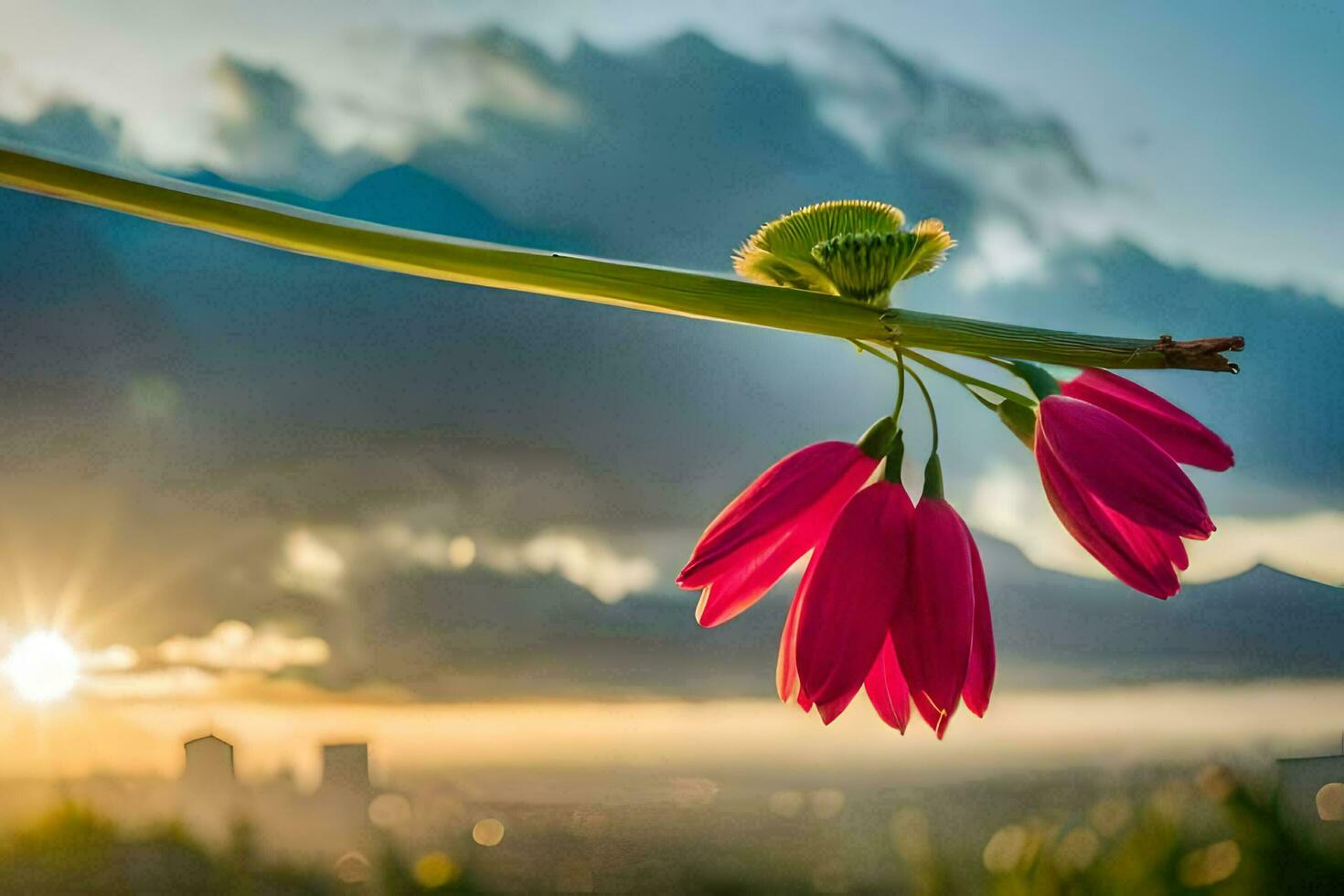 un rosado flor es visto en frente de un ciudad horizonte. generado por ai foto