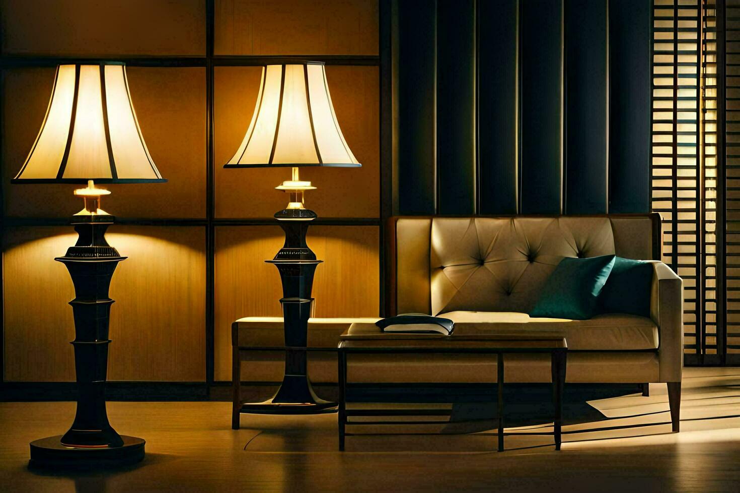 a living room with a couch, lamp and table. AI-Generated photo