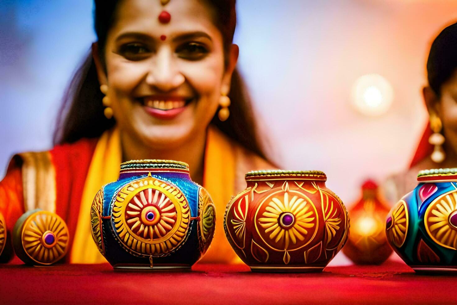 a woman smiles while holding colorful pots. AI-Generated photo