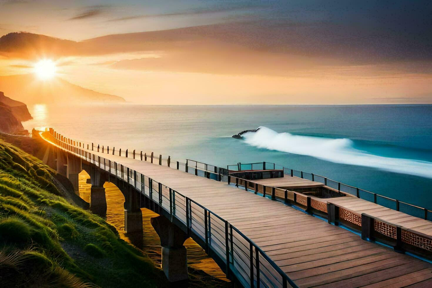 a wooden walkway leads to the ocean at sunset. AI-Generated photo