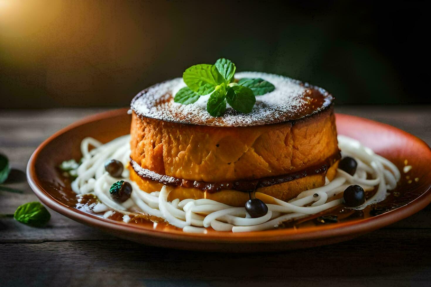 a dessert with spaghetti and mint leaves on a plate. AI-Generated photo