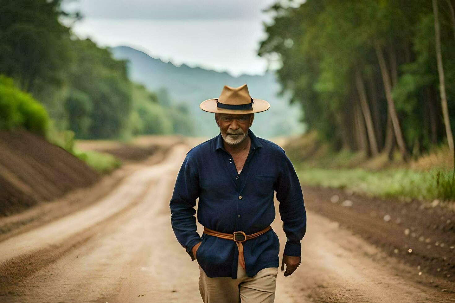 a man wearing a hat walks down a dirt road. AI-Generated photo