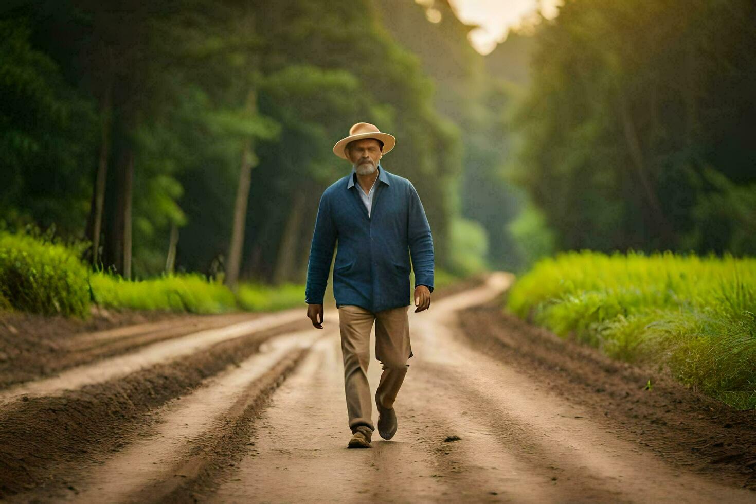 un más viejo hombre caminando abajo un suciedad la carretera en el medio de un bosque. generado por ai foto