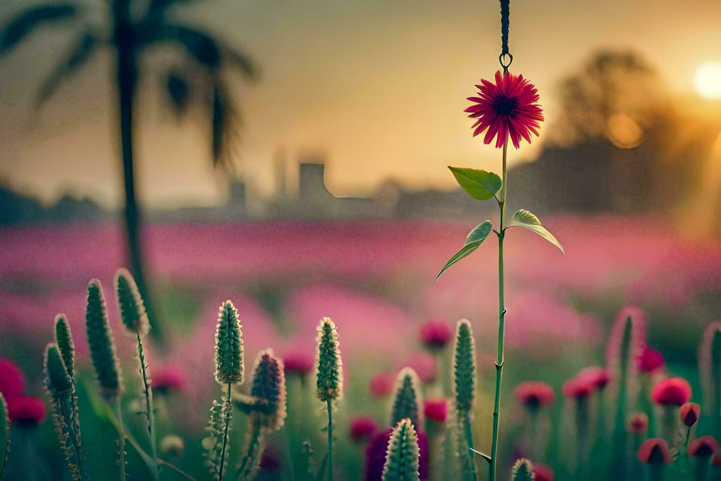 a flower in a field with the sun setting behind it. AI-Generated photo