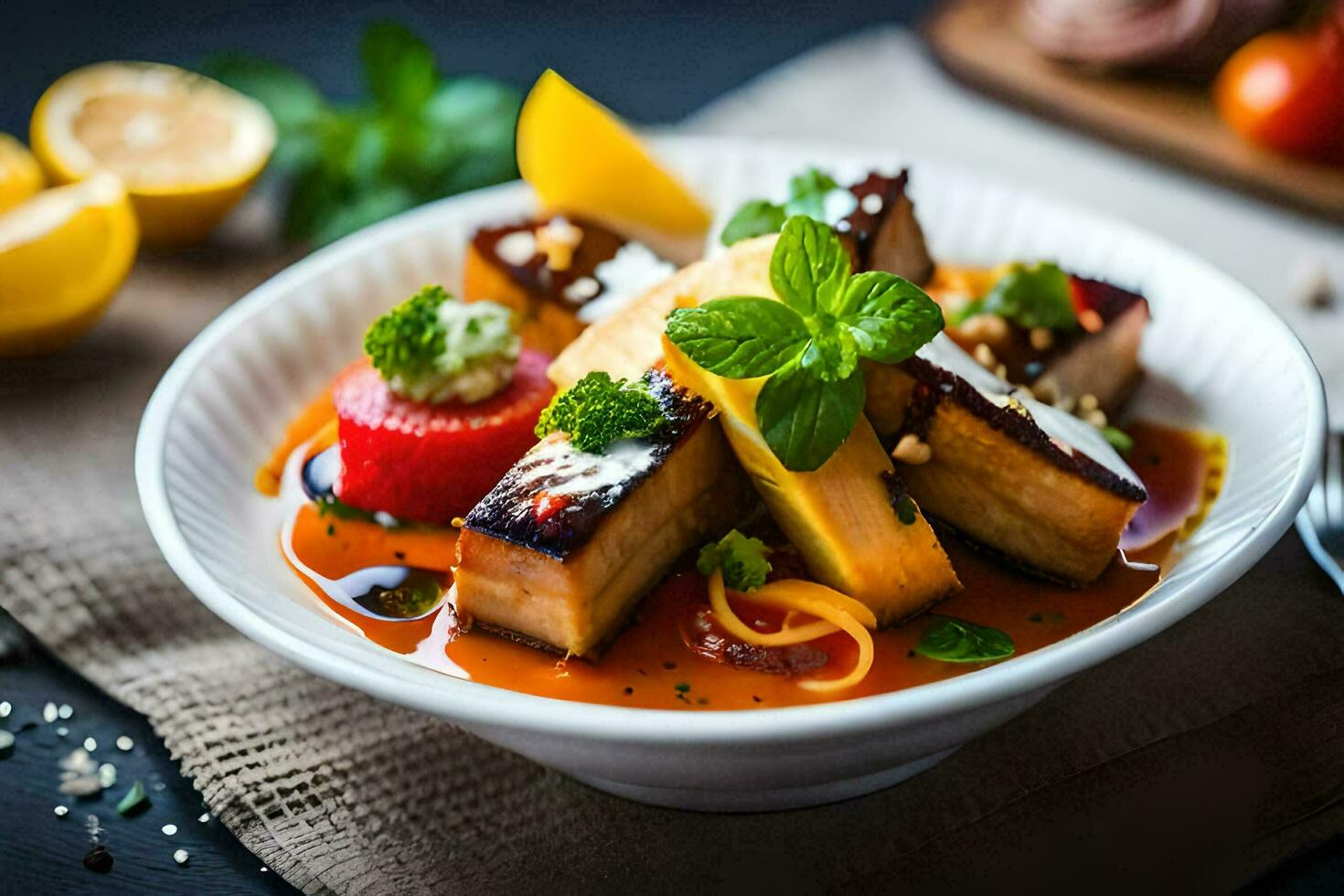 a bowl of food with tofu, tomatoes and mint. AI-Generated photo