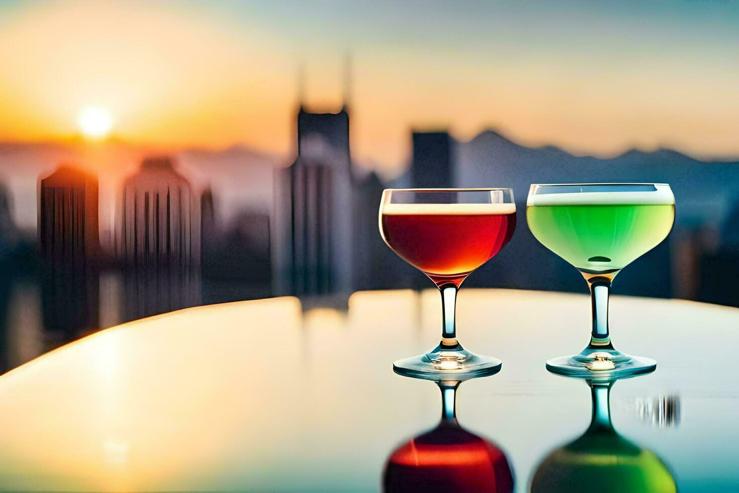 two glasses of cocktails on a table with city skyline in the background. AI-Generated photo