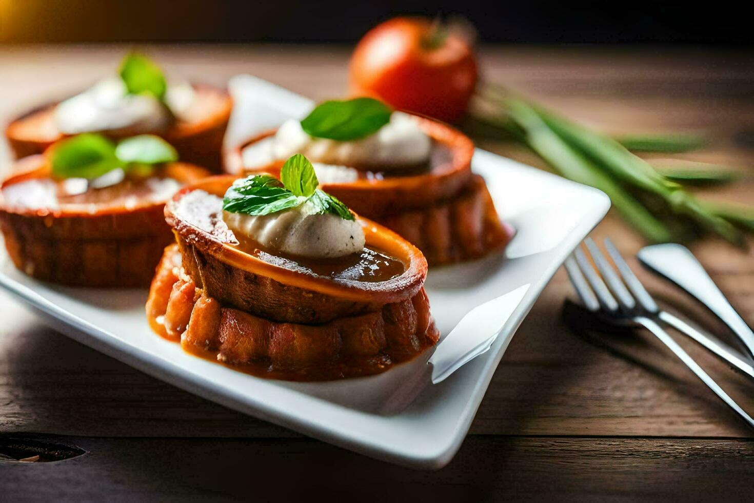 three small cakes with cream and herbs on a white plate. AI-Generated photo