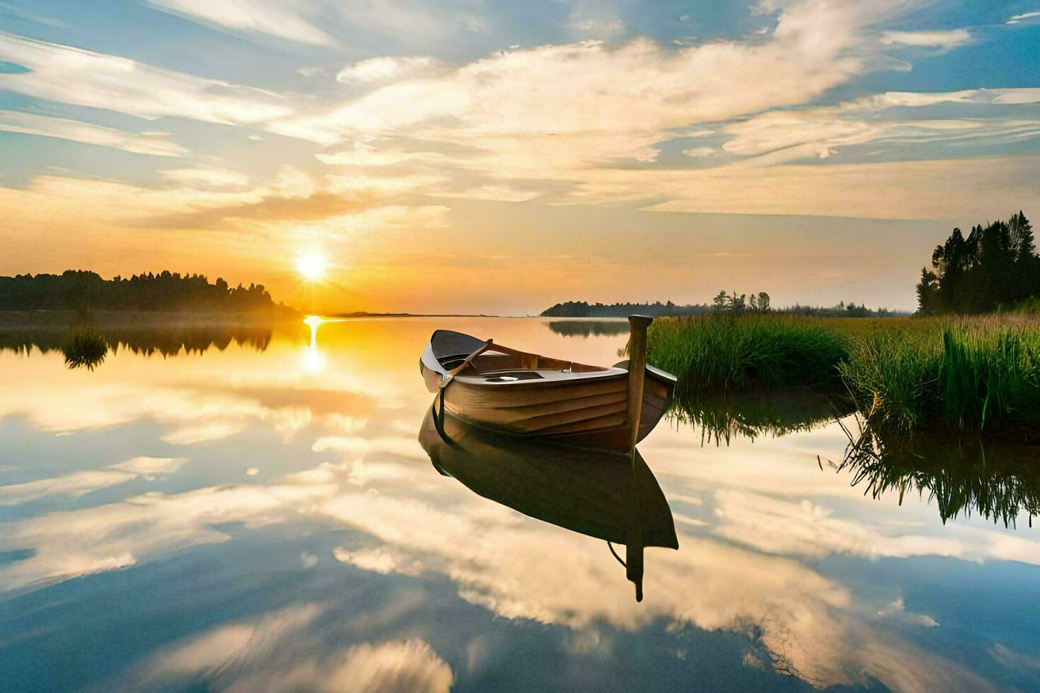 a boat is floating in the water at sunset. AI-Generated photo