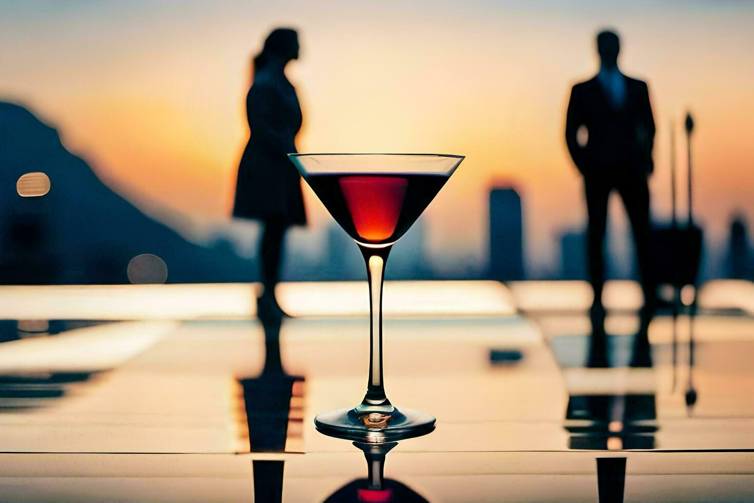 a cocktail glass with a man and woman in the background. AI-Generated photo