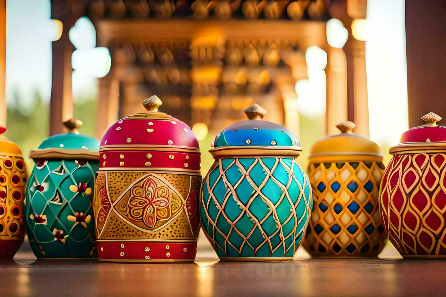 colorful jars lined up on a wooden table. AI-Generated photo