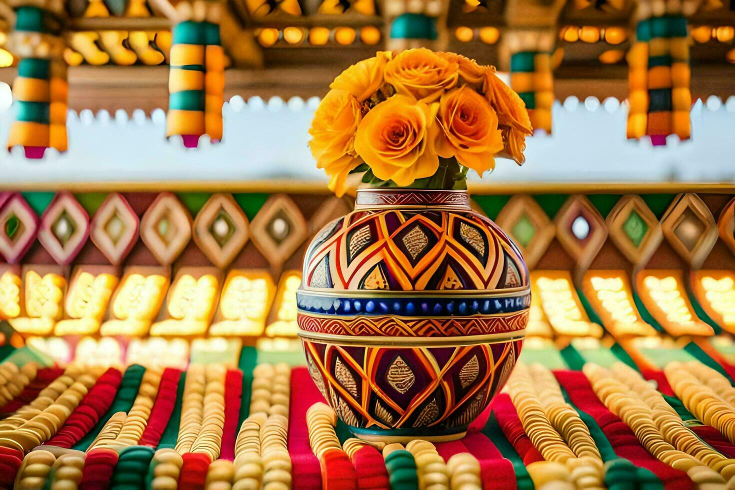 a colorful vase with yellow flowers on a colorful table. AI-Generated photo