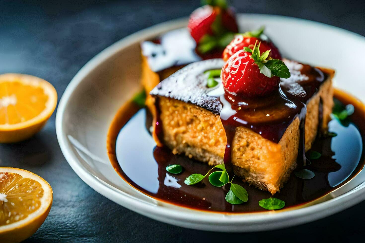 a plate topped with a piece of cheesecake and strawberries. AI-Generated photo