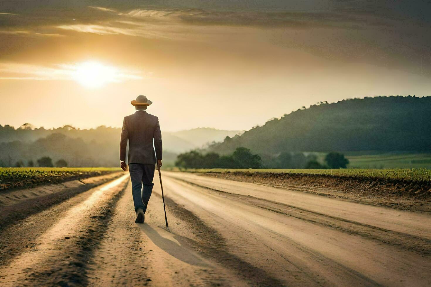 a man in a suit and hat walking down a dirt road. AI-Generated photo