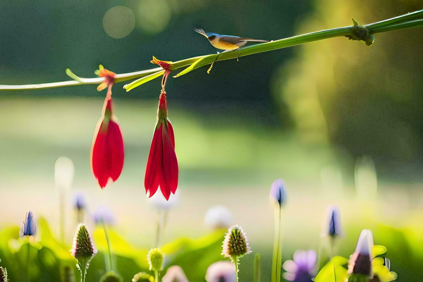 a bird is perched on a red flower. AI-Generated photo