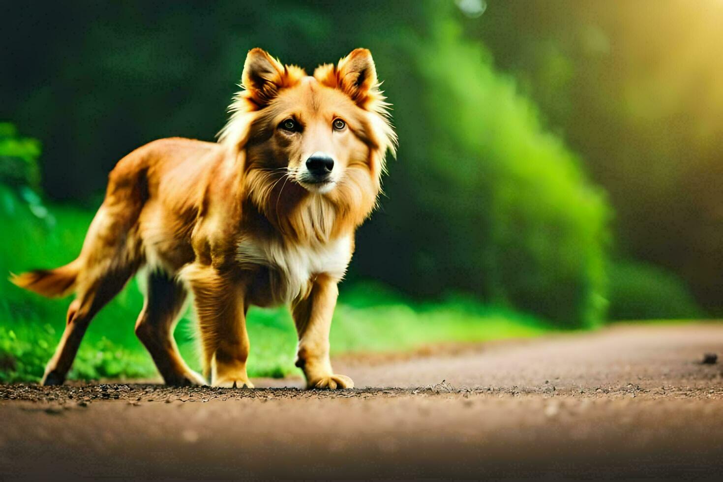 a dog is standing on the road in the middle of a field. AI-Generated photo