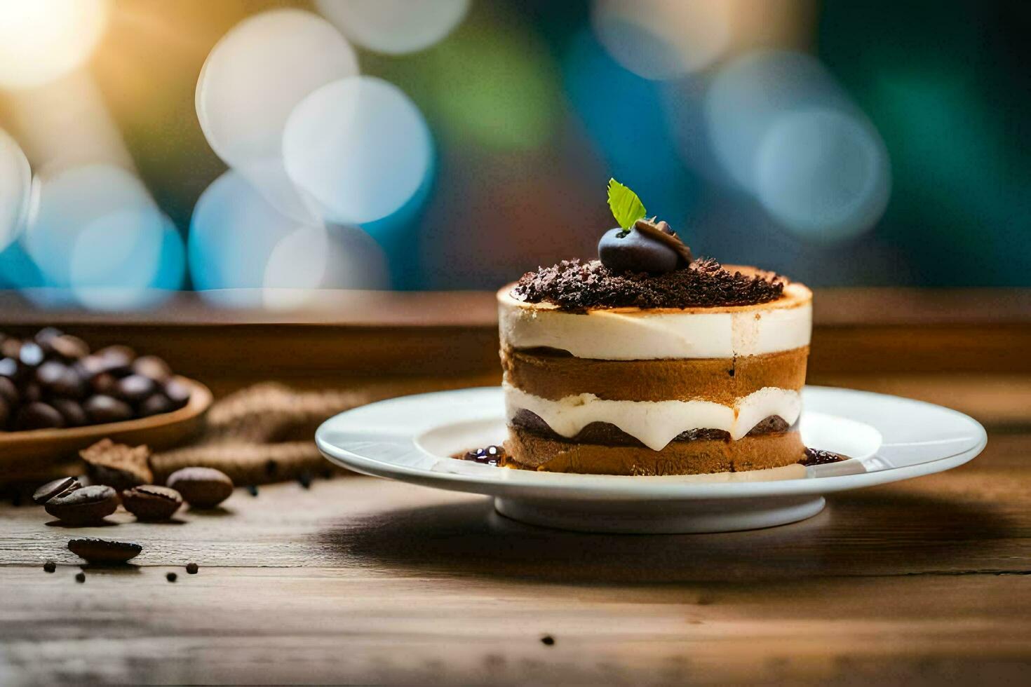 a dessert on a plate with coffee beans. AI-Generated photo