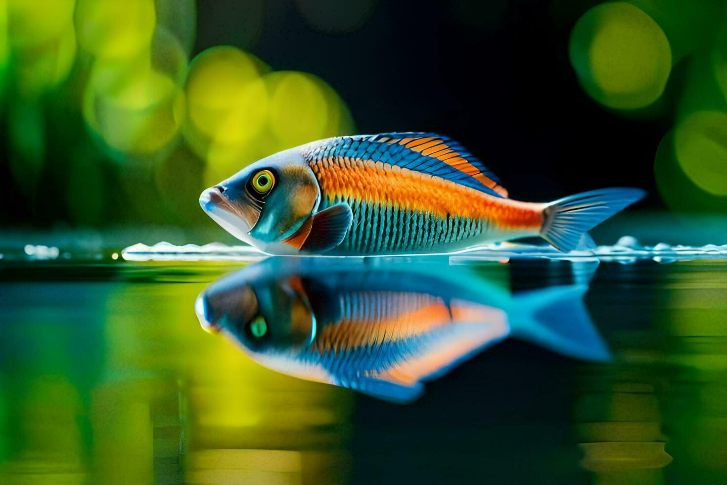 a fish with bright colors is reflected in the water. AI-Generated photo