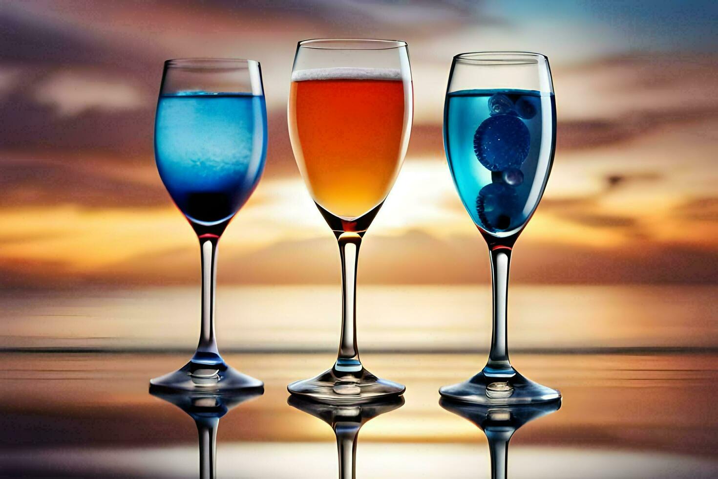 three glasses of different colored drinks on the beach. AI-Generated photo