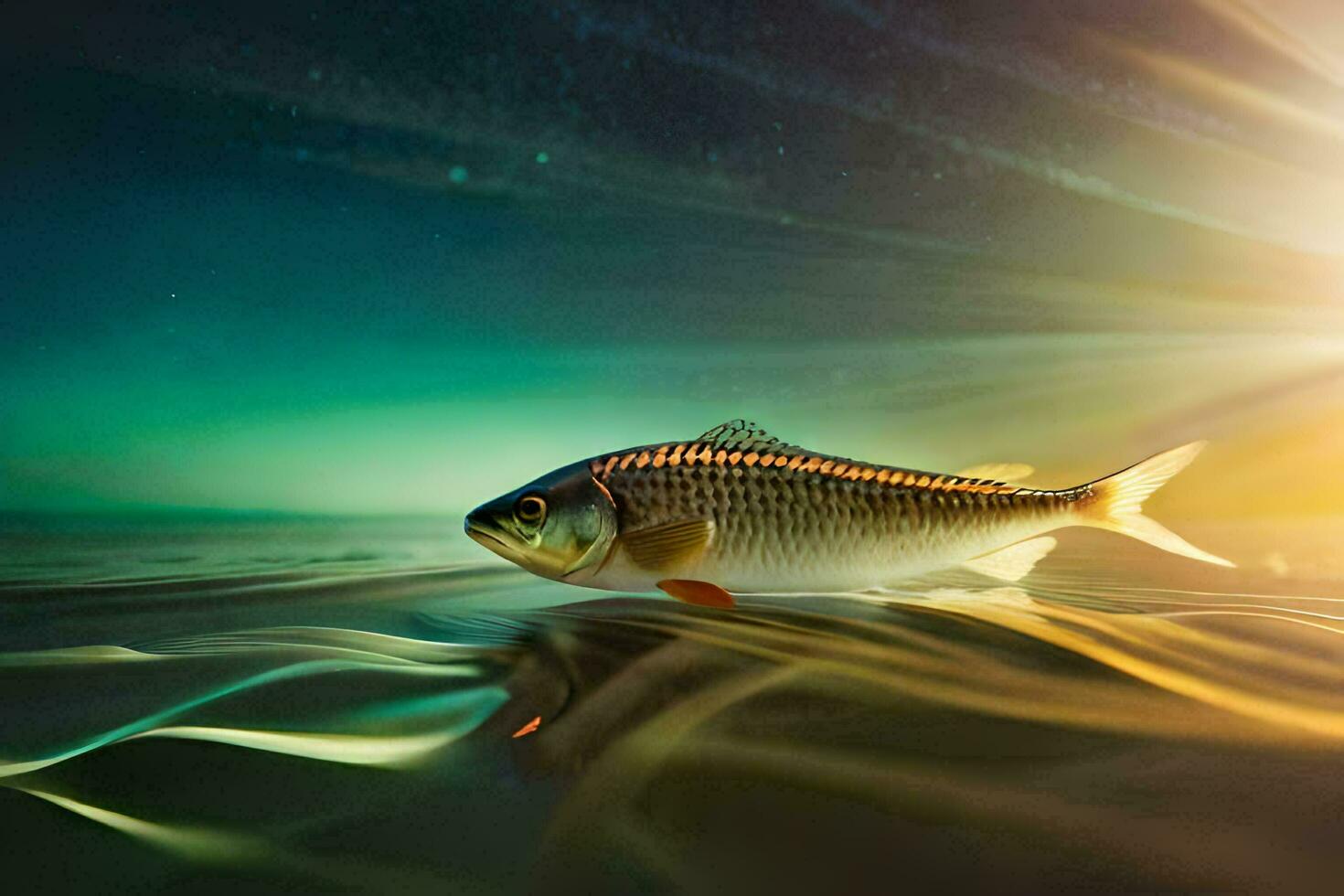 a fish swimming in the ocean at night. AI-Generated photo