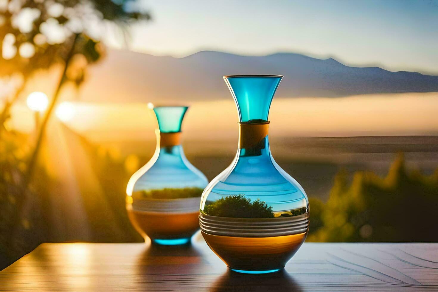 two vases with a sunset in the background. AI-Generated photo
