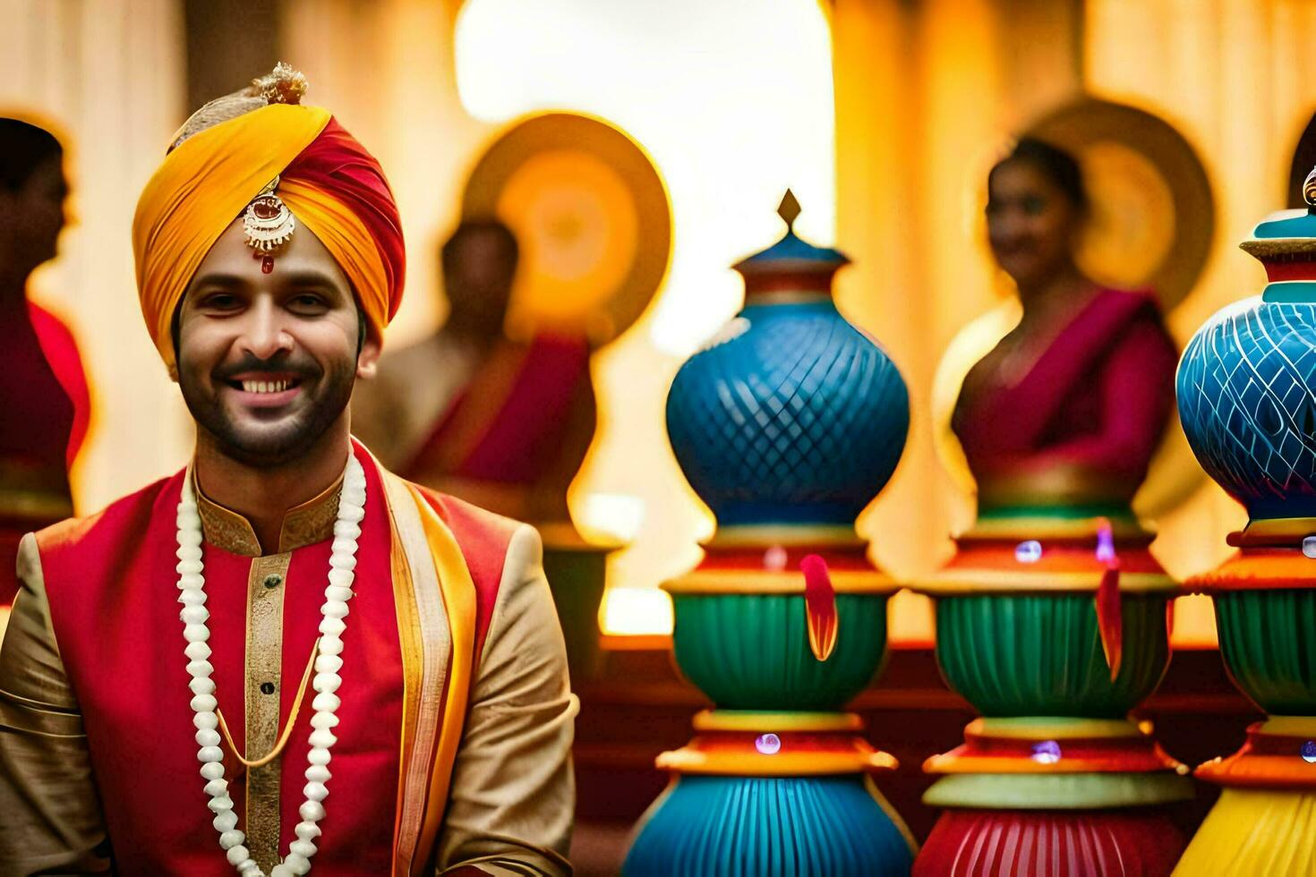 a man in a turban and colorful dress poses for a photo. AI-Generated photo