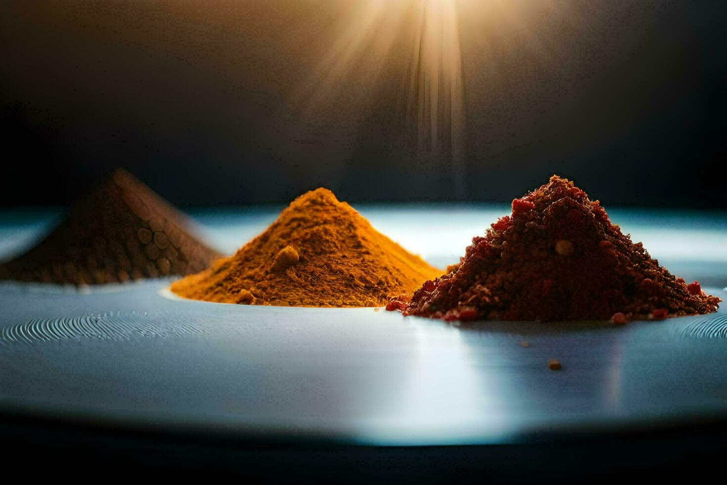 three different colored powders on a plate. AI-Generated photo