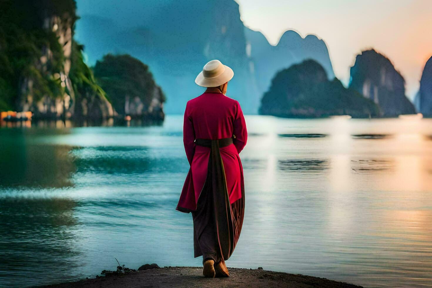 mujer en rojo vestir en pie en el borde de el agua. generado por ai foto