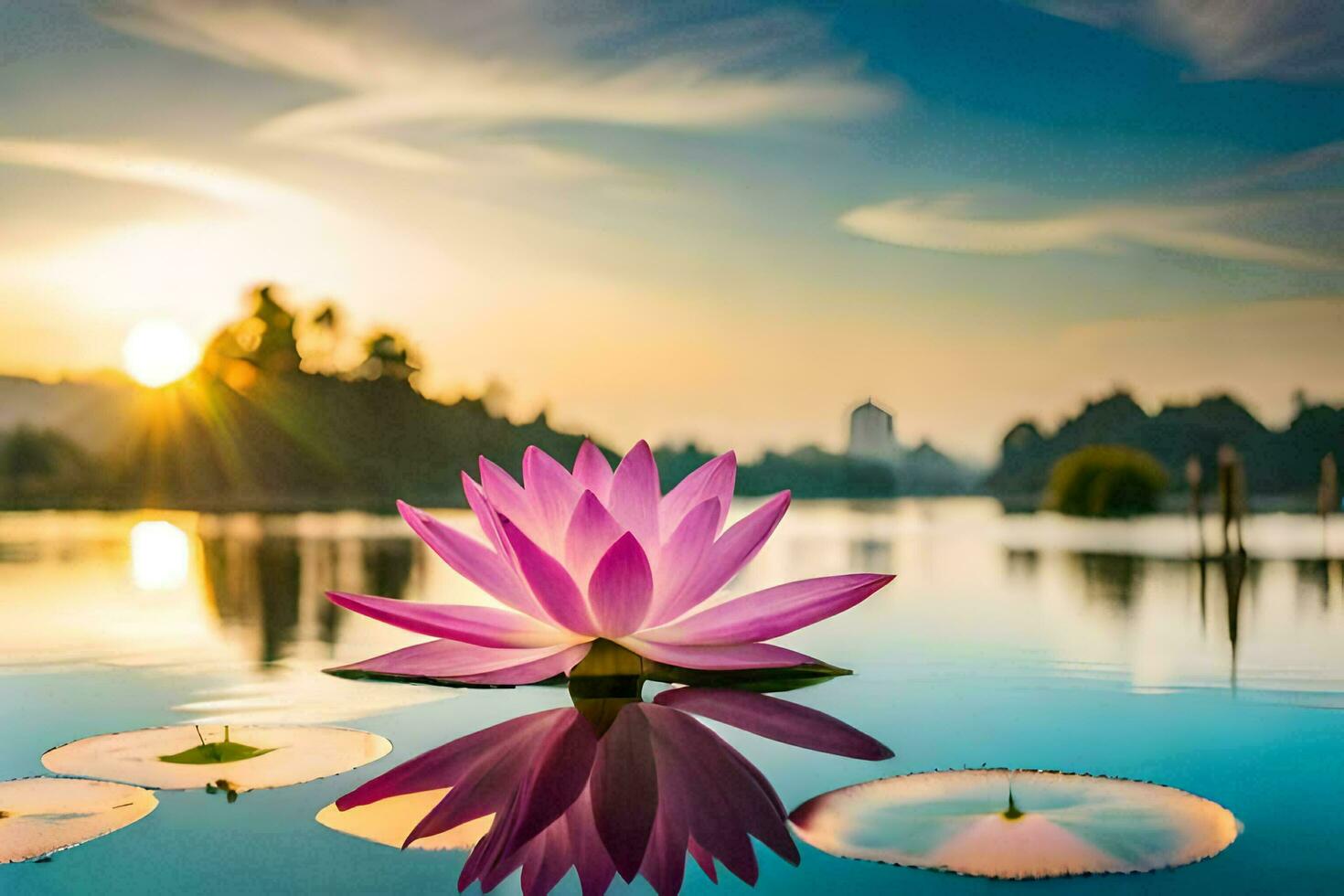 pink lotus flower in the water at sunset. AI-Generated photo