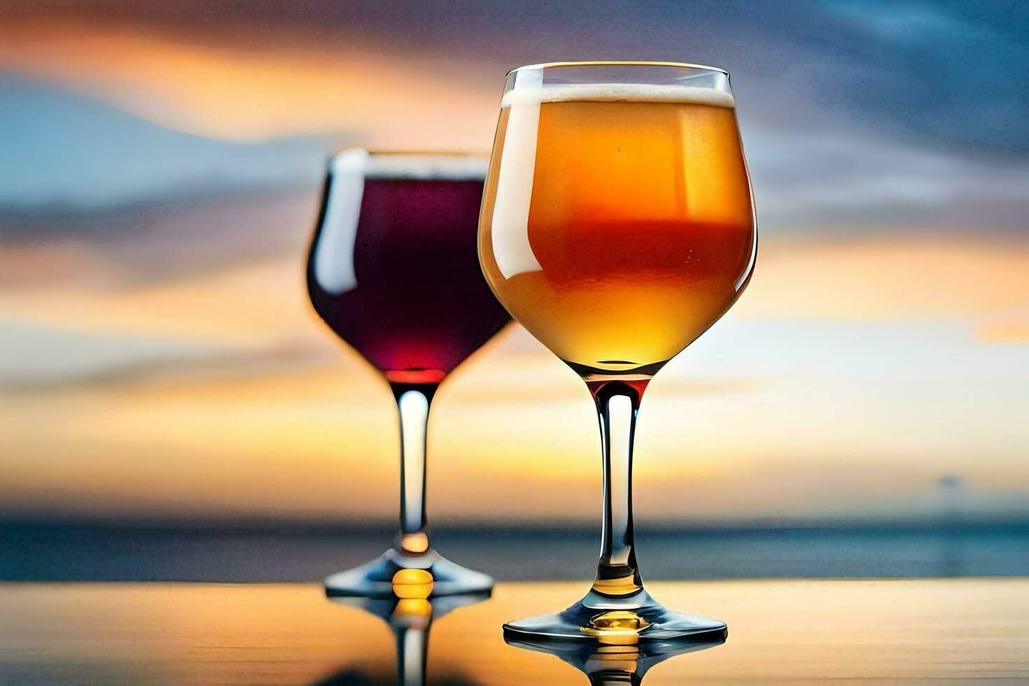 two glasses of wine on a table with a sunset in the background. AI-Generated photo