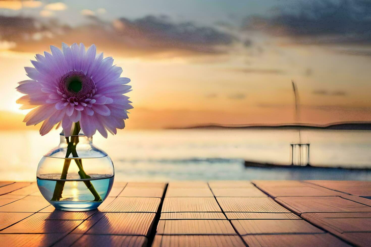 a flower in a vase on a wooden table with the sun setting. AI-Generated photo