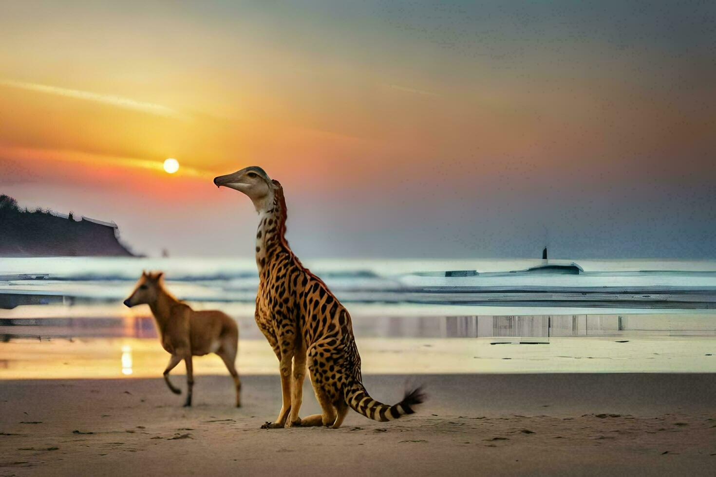 two giraffes standing on the beach at sunset. AI-Generated photo
