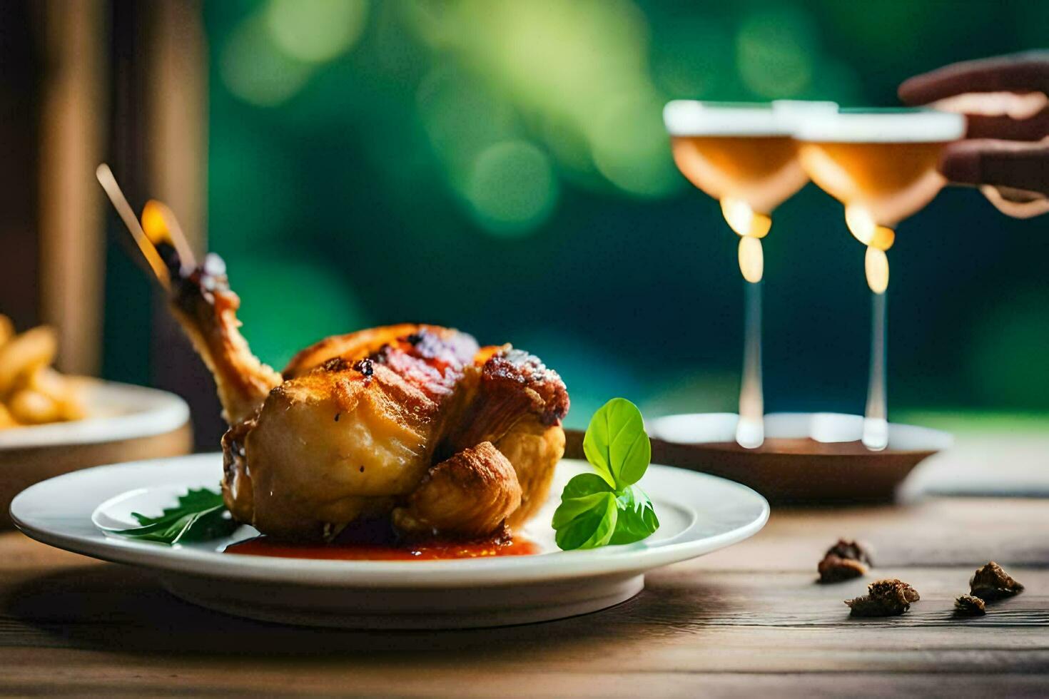 a person holding a glass of wine and a chicken on a plate. AI-Generated photo