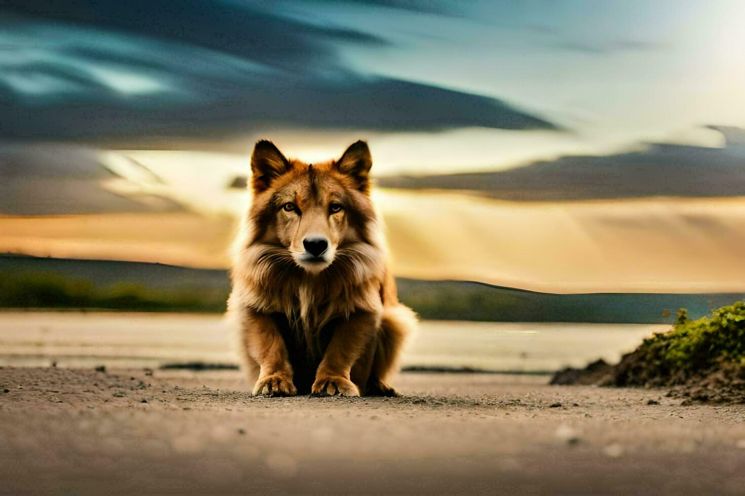 a dog sitting on the beach at sunset. AI-Generated photo