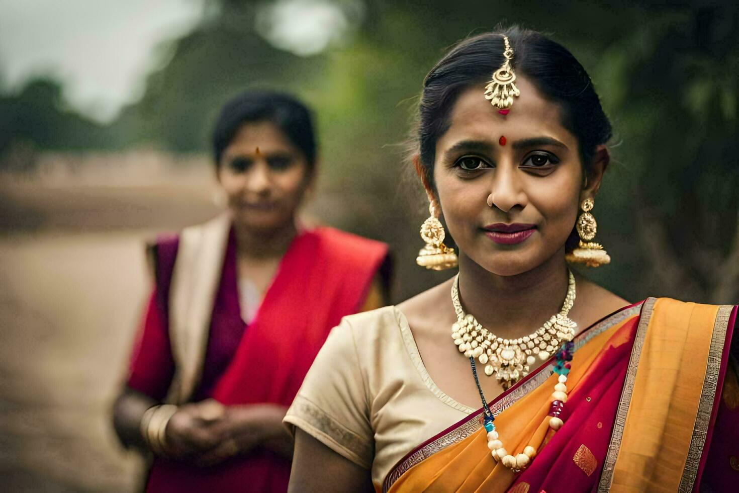 a woman in a sari and another woman in a red sari. AI-Generated photo