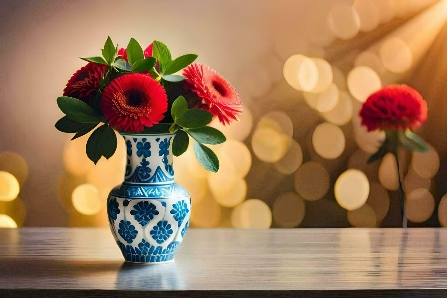 a vase with red flowers on a table. AI-Generated photo