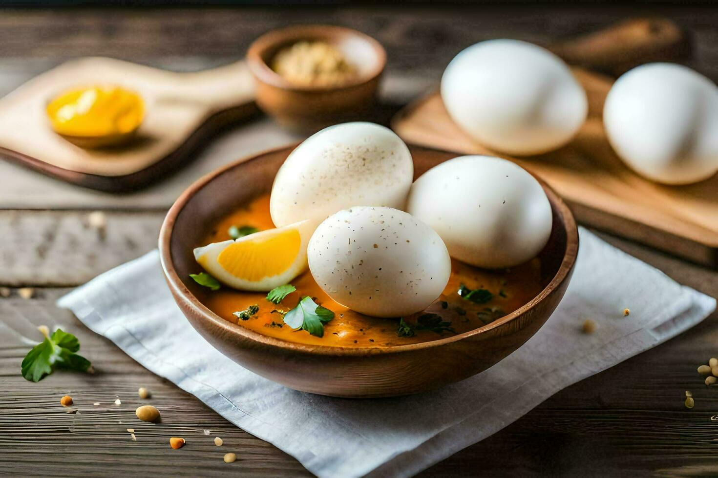 eggs in a bowl with a spoon. AI-Generated photo