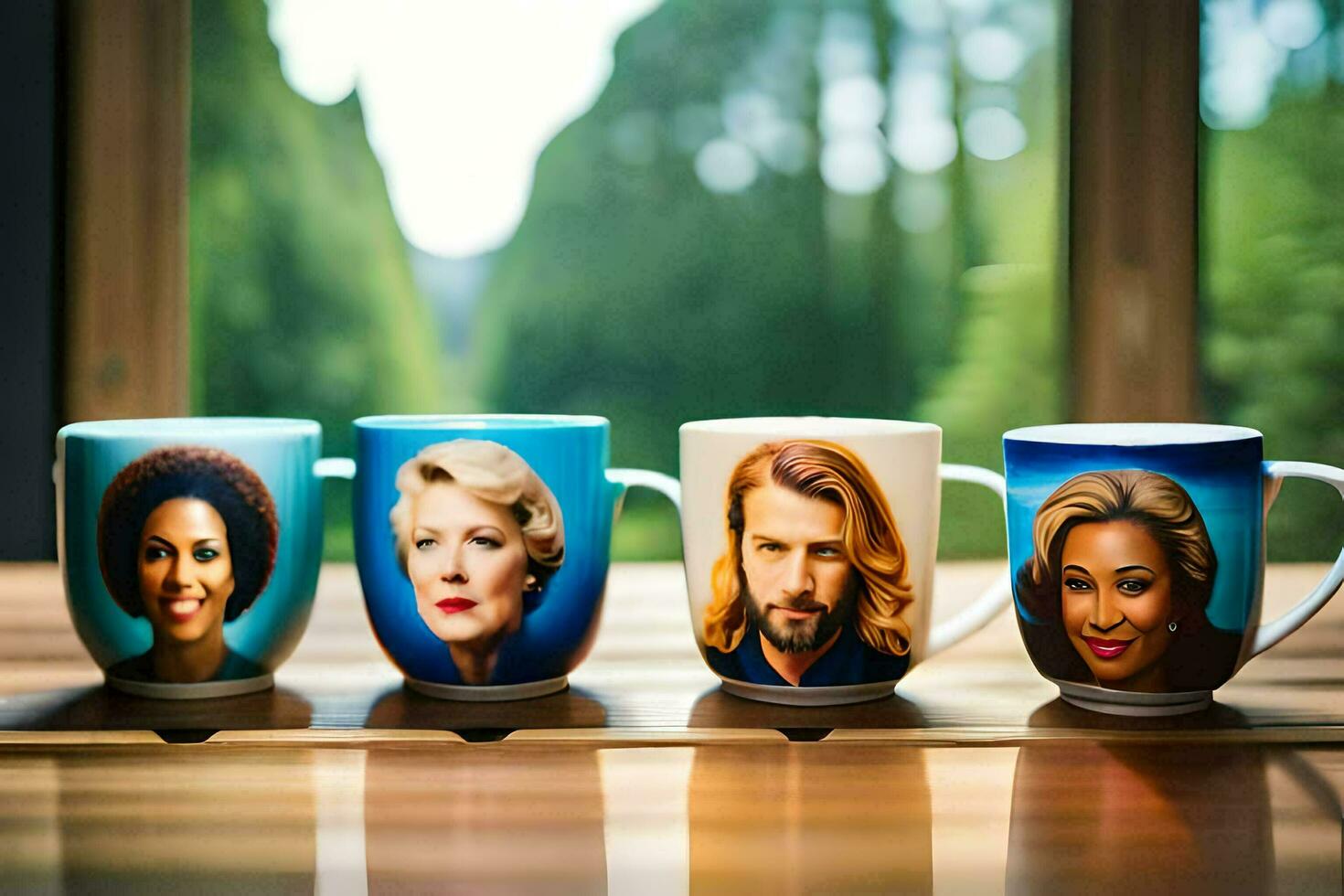 el café tazas son forrado arriba con el caras de el mujer. generado por ai foto