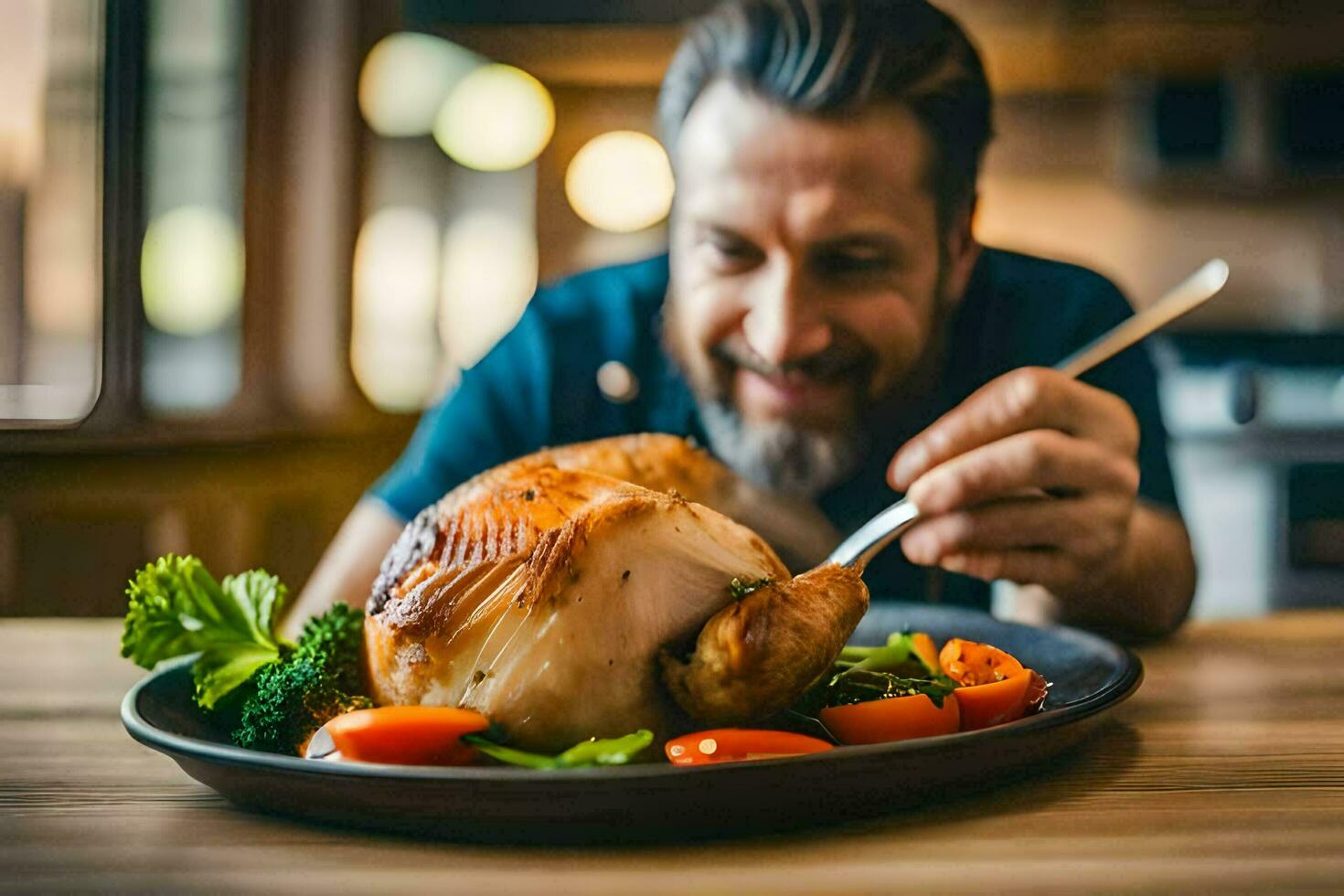 a man is eating a chicken on a plate. AI-Generated photo