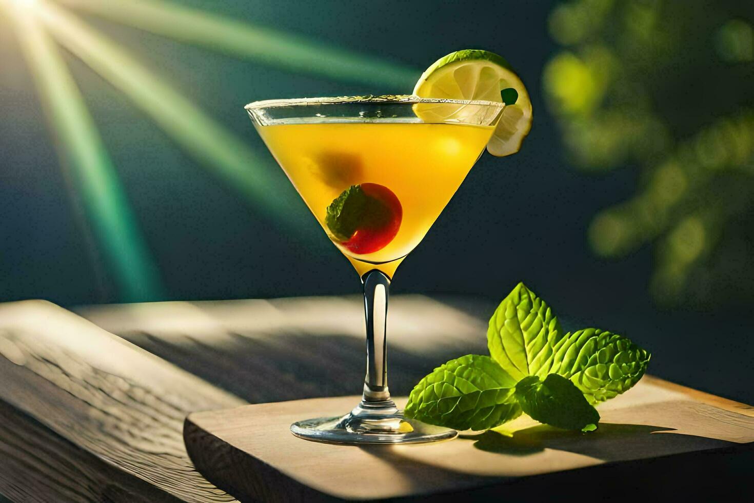 cocktail on a wooden table with sun shining behind. AI-Generated photo