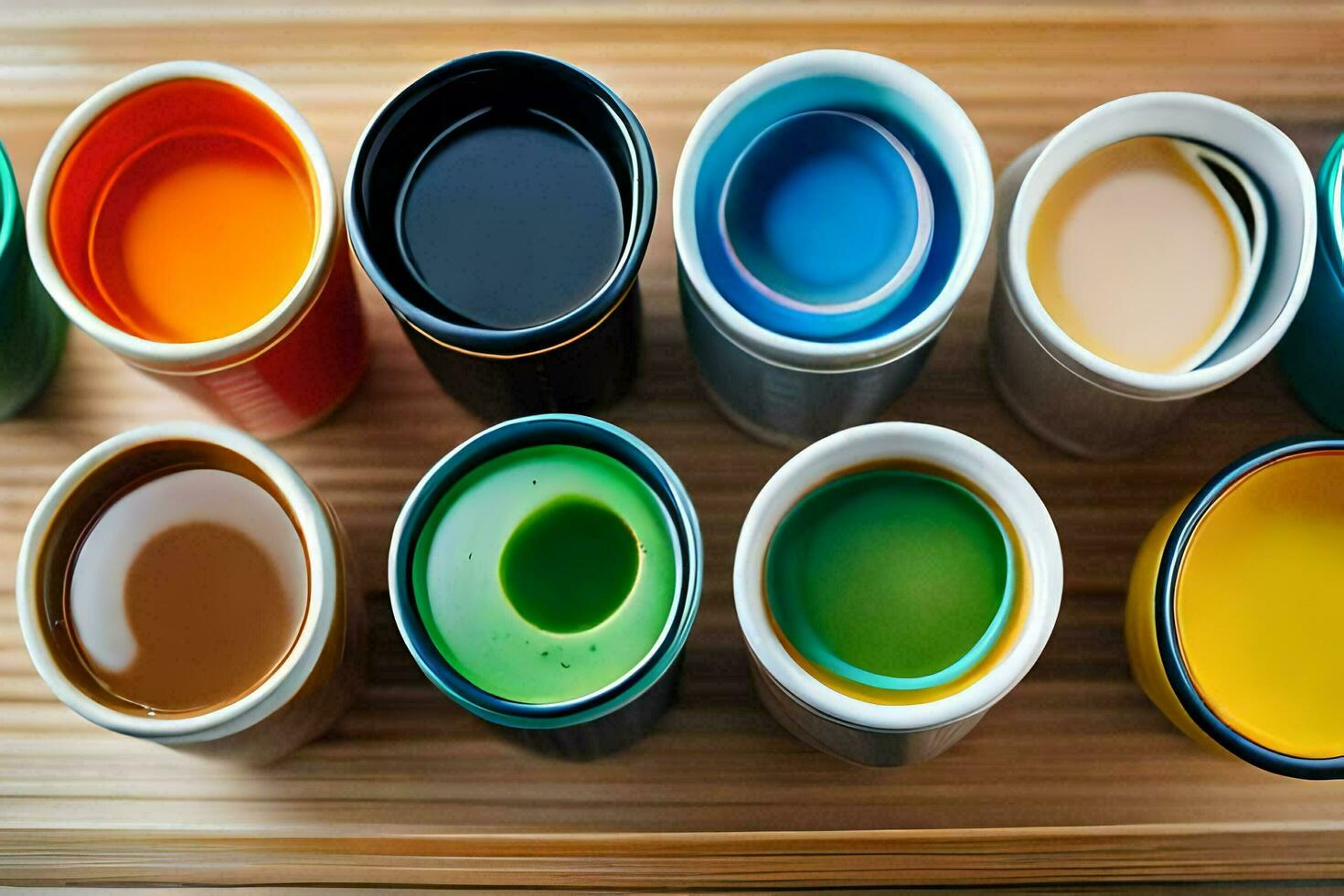 a group of colorful paint pots on a table. AI-Generated photo