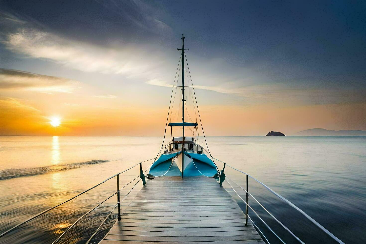 a boat docked at the end of a pier at sunset. AI-Generated photo