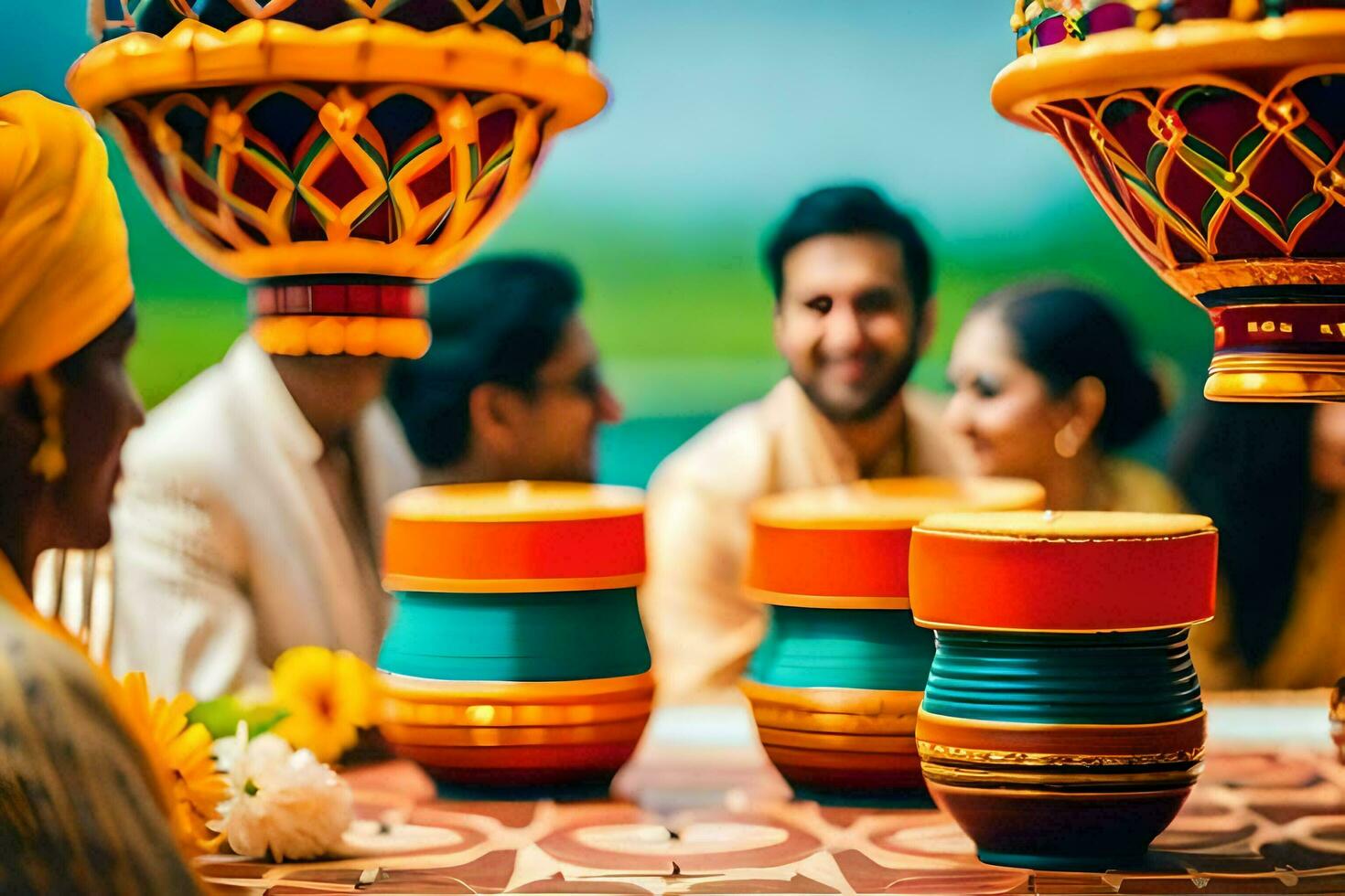a group of people sitting around a table with colorful lanterns. AI-Generated photo
