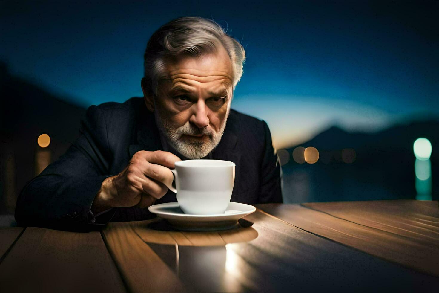 an older man in a suit drinking coffee. AI-Generated photo