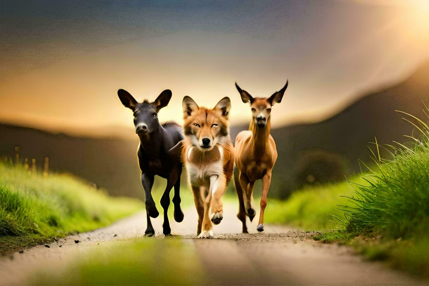 Tres ciervo corriendo abajo un la carretera. generado por ai foto